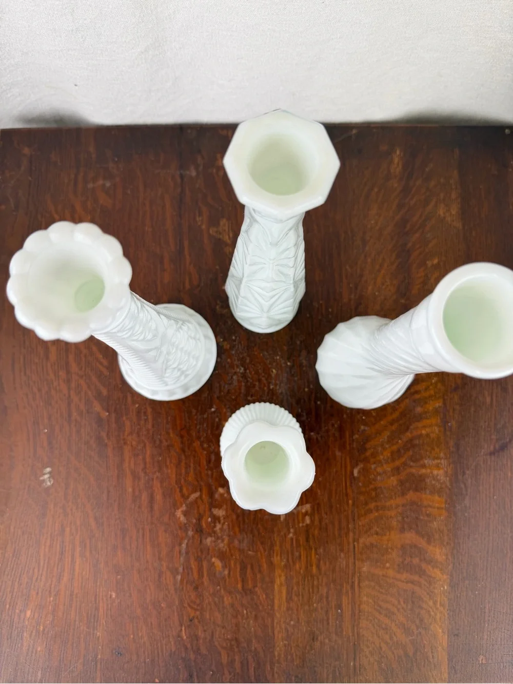 Vintage Milk Glass Bud Vases Set of 4 White Embossed Textured Floral Vases